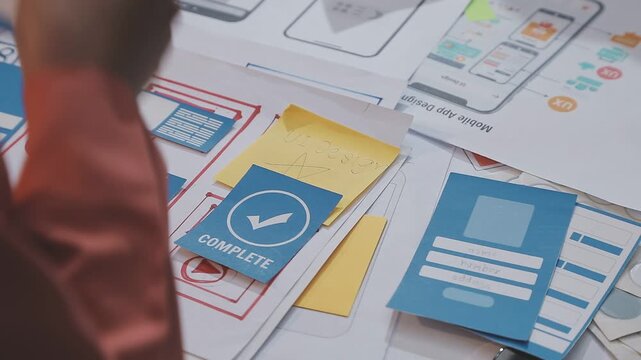 Asian uxui designer working on website design using sticky notes and wireframes