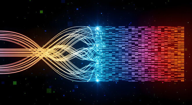 Abstract digital stream flowing into a data mosaic, symbolizing information processing and big data analytics with vibrant color transitions