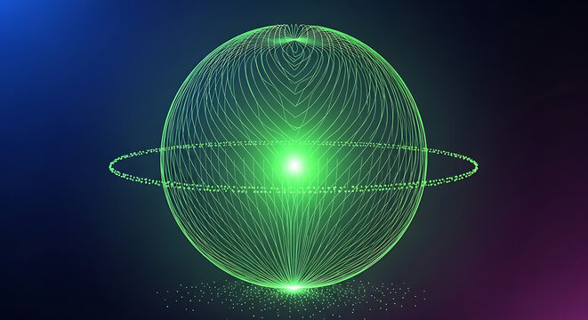 Futuristic green particle sphere with orbiting ring on dark background, representing global network and data concepts, green light