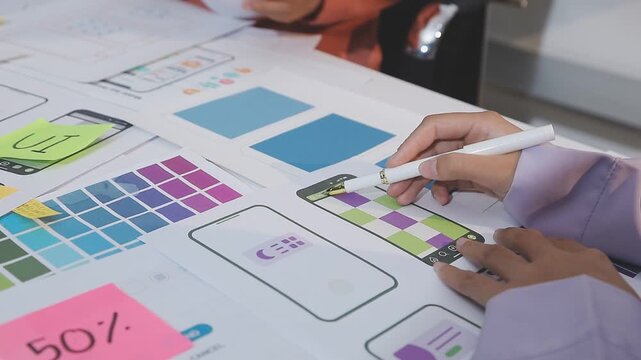 Asian uxui designer working on website design using sticky notes and wireframes