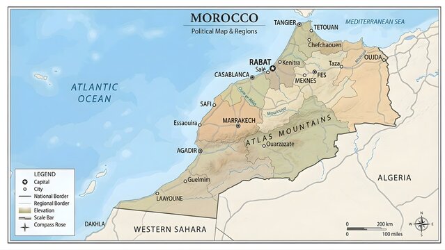 Detailed political map of Morocco showing regions major cities like Rabat and Casablanca and Atlas Mountains