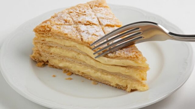 A slice of layered puff pastry cake with vanilla cream filling, served on a white plate against a clean white background.