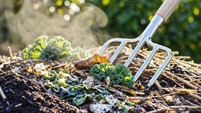 Steaming compost pile with garden fork in sunlight. Organic waste decomposing into nutrient-rich fertilizer. Sustainable gardening and agriculture concept