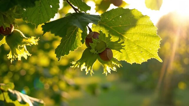 Hazelnut tree branch with ripe nuts and green leaves illuminated by the warm sunlight of a summer day