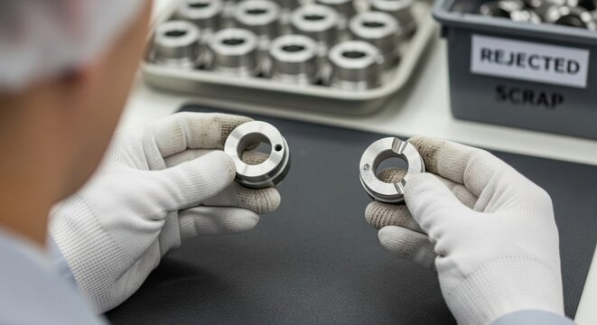 Gloved technician comparing approved and rejected parts at clean quality station shows pass fail inspection, manufacturing standards and practical compliance control.