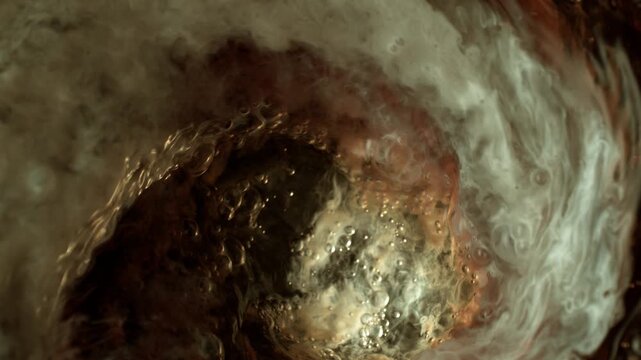 Super Slow Motion Shot of Swirling Cream Mixing in Ice Coffee at 1000fps.