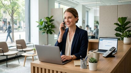 Fototapeta premium Smiling businesswoman multitasking, talking on phone while working on laptop at a modern office reception desk, portraying efficient communication and customer service.