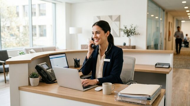 Smiling professional businesswoman at a modern office reception, multi-tasking with a phone call and laptop work.