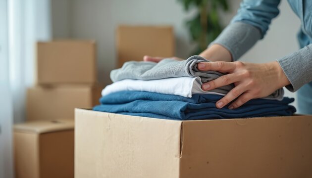 Person carefully folds clean clothes stacking them into a cardboard box. Preparing for relocation storage or donating unwanted items. Organizing home and decluttering closet space.