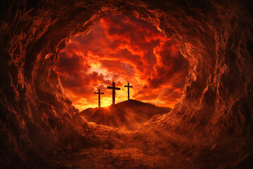 Obraz premium An empty tomb looks out at three crosses on a hill during a radiant sunset.