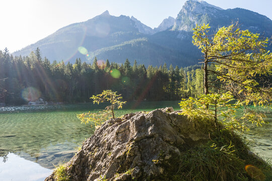 Idyllic Hintersee lake with small islands and Zauberwald Forest and Hochkalter mountain in Berchtesgaden Alps Ramsau
