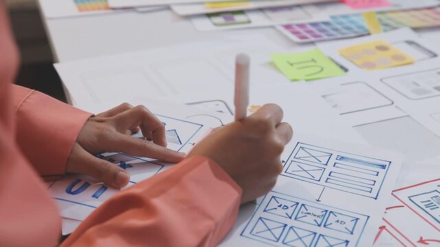 Asian uxui designer working on website design using sticky notes and wireframes