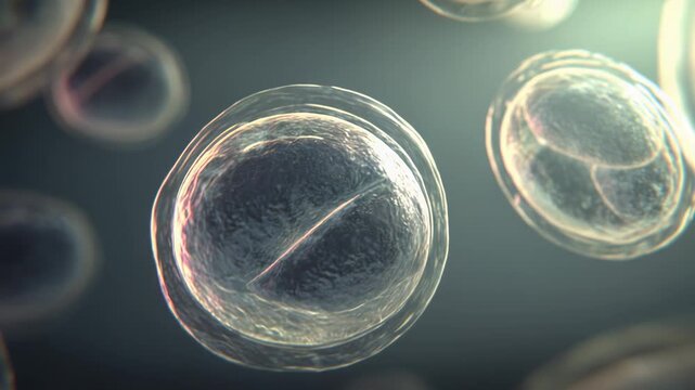 Microscopic cells undergoing mitosis and dividing, showing the biological process of a single zygote developing into an early embryo, representing growth and life