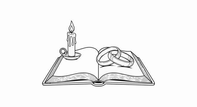 Open book with lit candle and intertwined rings