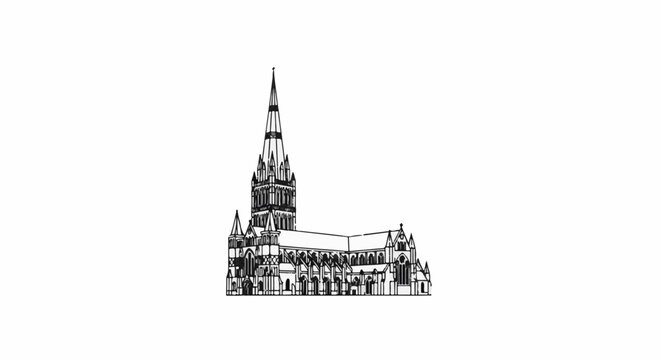 A detailed black and white outline drawing of a grand cathedral with a tall spire