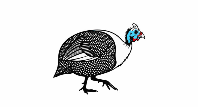 Stylized black and white guinea fowl with blue and red face details