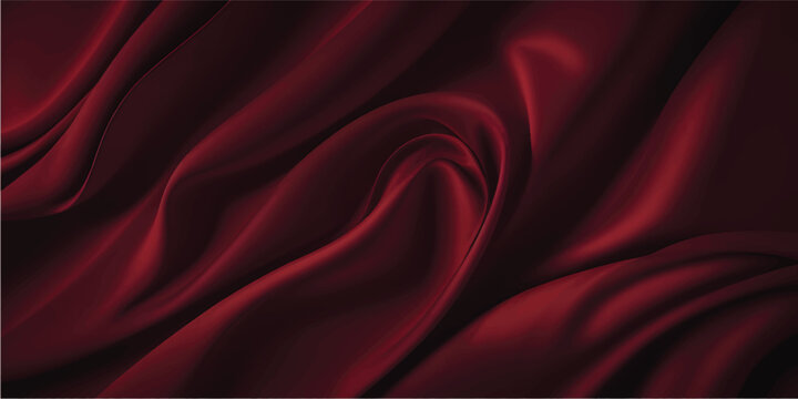 Luxurious red silk and satin fabric background featuring smooth flowing waves of soft textile texture with elegant curves and light patterns for a decorative luxury cloth backdrop illustration