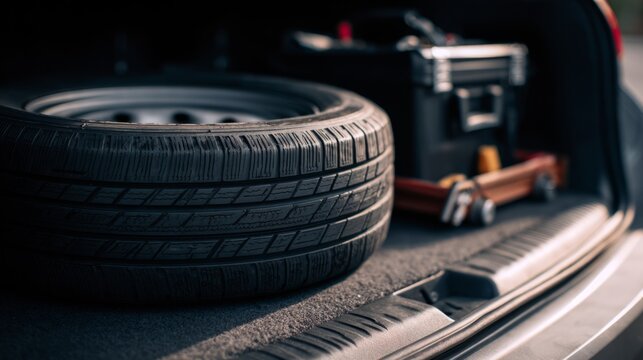 Close-up of a spare tire stored neatly in a vehicle trunk alongside a toolbox and other automotive tools, showcasing the organized interior of the car's storage space