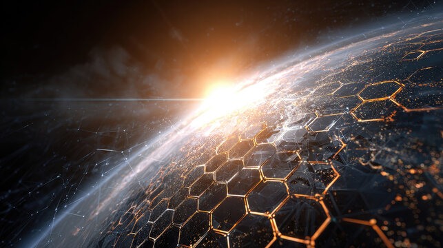 A breathtaking view of Earth from space at sunrise, showcasing hexagonal patterns and glowing networks