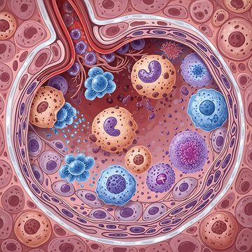Microscopic view of cells and blood vessels, detailed illustration.