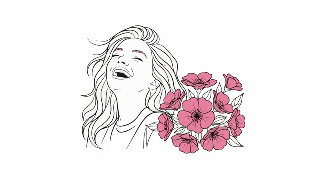Line drawing of a woman's face in profile laughing, with pink flowers