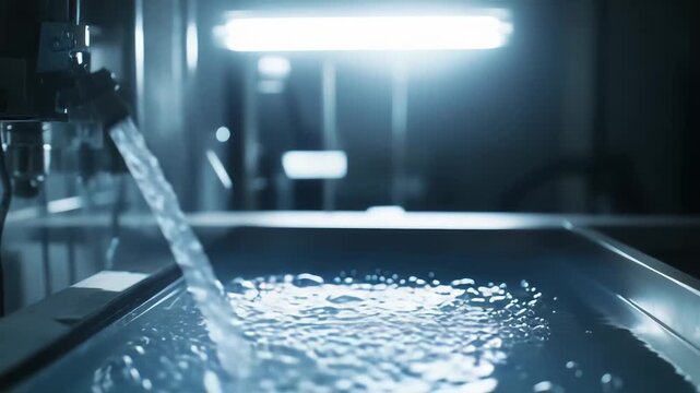 Water pours from a stainless steel pipe into a shallow metal basin, forming clear ripples and bubbles in a brightly lit industrial lab or processing facility, pristine and sterile