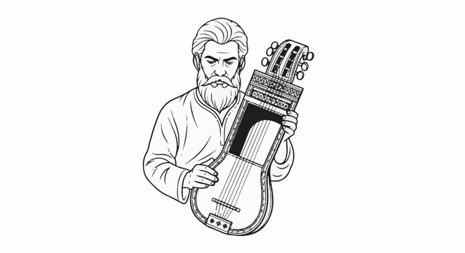 Stylized black and white drawing of a man with a beard holding a lyre-like instrument