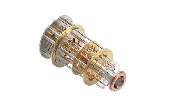 Isometric 3D render of a cryogenic dilution refrigerator system