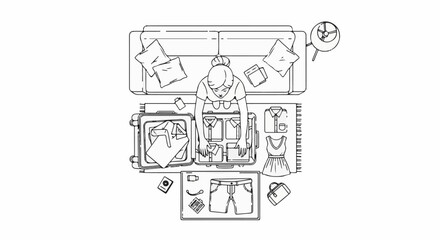 Naklejka premium Overhead view of a person packing luggage on a rug next to a couch