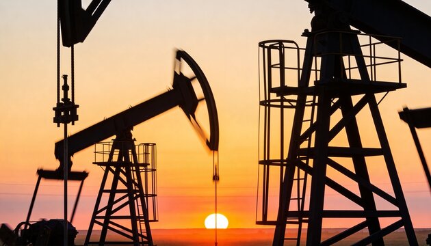 Pumping right foreground oil pumpjack moving against vivid sunset on flat plain, with walking beams