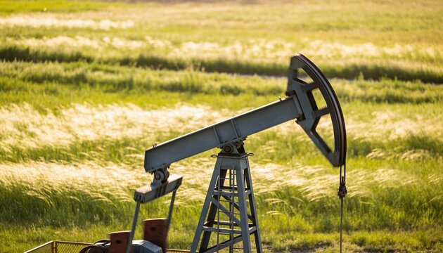 Pumping metal pumpjack creaking and swaying in prairie grassland, with walking beam, ladder, pipes