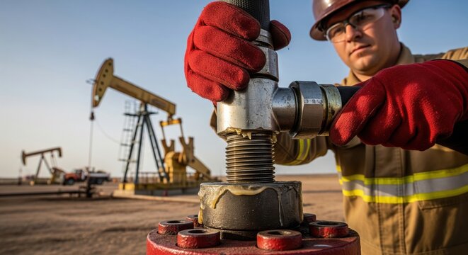 Operator connecting high pressure hose to production wellhead in oil field. Professional field technician working on high-tech manufacturing sector.