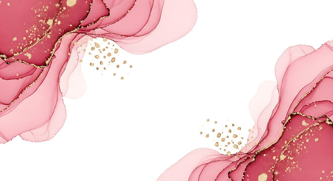 Elegant pink rose alcohol ink abstract art with gold glitter and white copy space for modern design with rose color