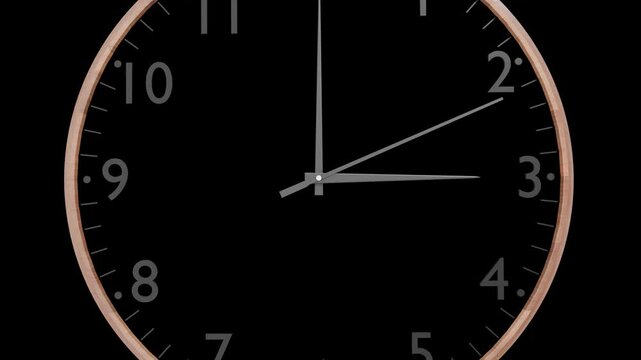 Close up of a Clock Face Showing Time Passing with Hour and Minute Hands on Black Background