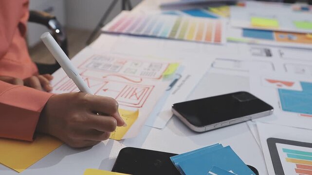 Asian uxui designer working on website design using sticky notes and wireframes