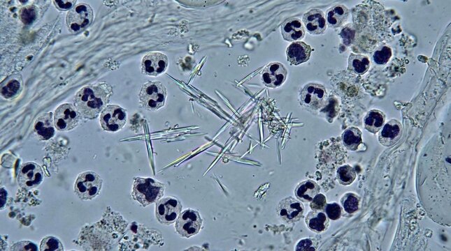 Neutrophils and needle shaped crystals observed under brightfield microscopy with a clear background