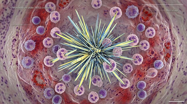 Monosodium urate crystals surrounded by immune cells including lymphocytes neutrophils and macrophages