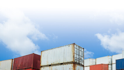 Fototapeta premium Cargo ship container goods export import international transport on blue sky background, warehouse industry business logistics transportation harbor port industrial shipping terminal cargo ship.