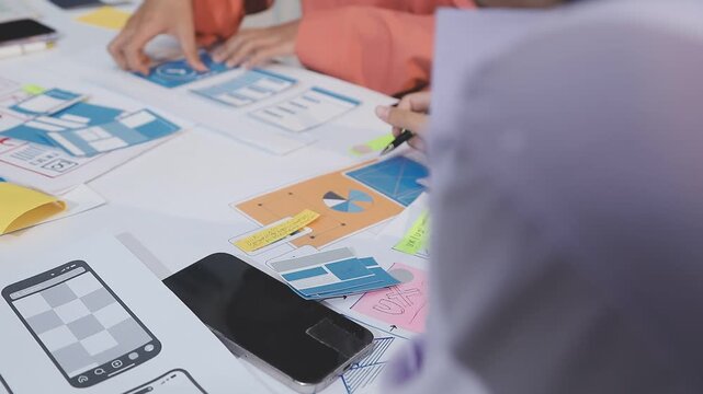 Asian uxui designer working on website design using sticky notes and wireframes