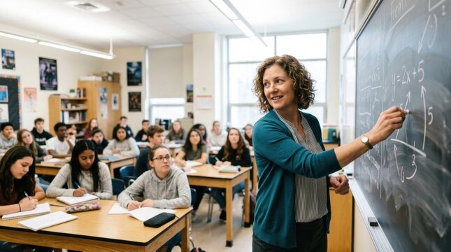 Smiling female teacher actively engaging a diverse group of students in a modern classroom, writing math equations on the blackboard during a lesson.