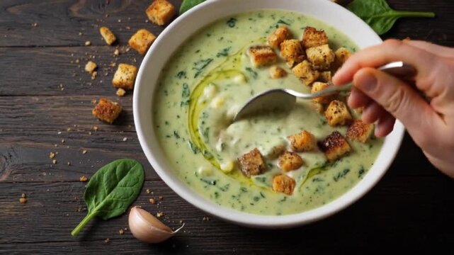 Bowl of creamy green spinach soup garnished with crispy bread croutons and olive oil, served on a rustic dark wooden table with fresh spinach leaves and garlic.