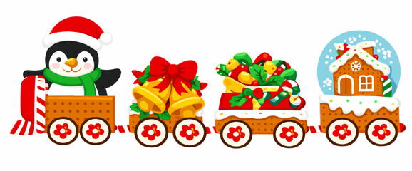 Fototapeta premium A cute penguin drives a festive Christmas train filled with gifts, holly, and a snowy globe house. Holiday vector clipart isolated on a transparent background for winter designs.