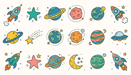 Space and planet doodle set with rockets and stars on white background © Ghaghah24