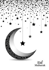 Naklejka premium Glittery crescent moon with hanging stars and eid mubarak greeting, an elegant monochrome islamic holiday graphic
