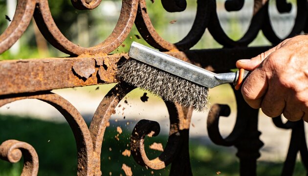 Scrubbing wrought-iron gate bar in sunny yard, bare hand using wire brush removing rust flakes