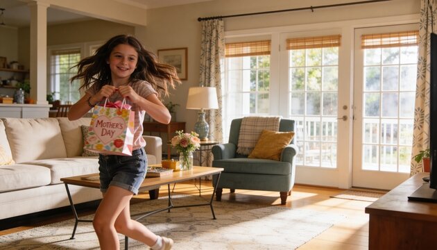 Running girl holding Mother's Day gift bag across living room, near sofa, wearing denim shorts