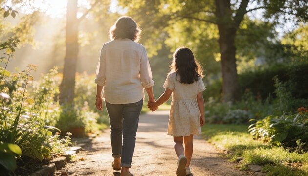 Walking adult woman and child holding hands along sunlit garden path, jeans and dress visible