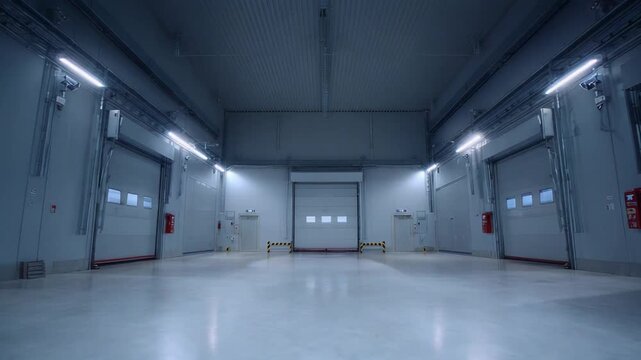Empty industrial warehouse interior featuring multiple loading dock doors, concrete floor, overhead lighting, and white walls, ready for logistics operations and secure storage