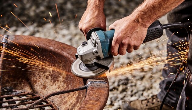 Grinding man bare arms holding electric angle grinder on gravel, sparking at rusted bowl and grate