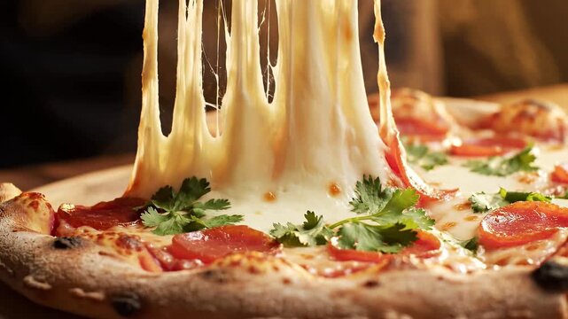 Appetizing pepperoni pizza slice with stretchy melted mozzarella cheese pull close-up